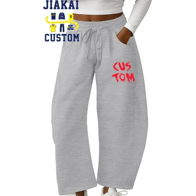 Women Casual Baggy Elastic Waisted Pants Wide Leg Gym Trousers Adjustable Drawstring Barrel Sweats With Pockets