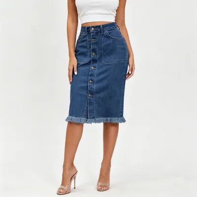 Women Midi Denim Skirt Stretch Button Down Frayed Raw Hem Below Knee Vestidos Para Mujer Women's Dress Wholesale