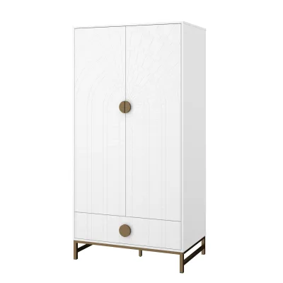 Embossed Arched Door Wardrobe Cabinet White 2 Door 1 Drawer Clothes Storage Closet With Drawer Gold Metal Legs Bedroom Furniture