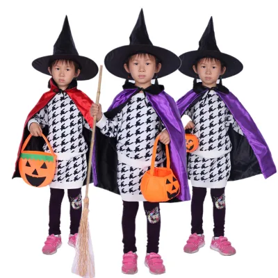 Halloween Children Witch Double Cape Cosplay Party Wizard Show Costume Set