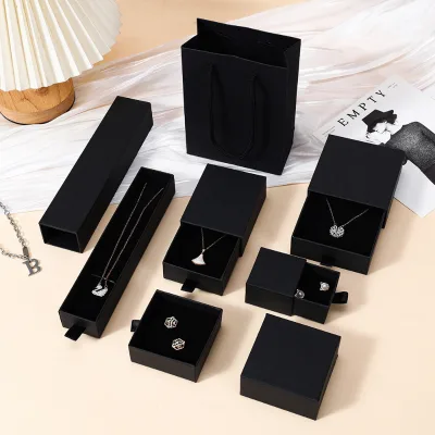 A1 Color Block Jewelry Drawer Box with Black Insert Pull Front Matching Carry Bag Necklace Bracelet Packaging