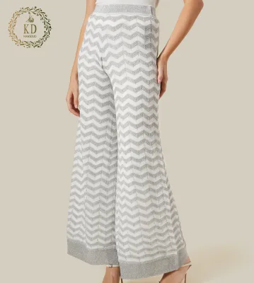 KD Knit Manufacturer Custom OEM ODM Elegant Casual Elasticated Waistband Lurex High Waist Flared Knitted Trousers