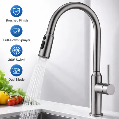 Wholesale Stainless Steel Kitchen Faucet Pull Out Sprayer Mixer Tap Single Hole Gun Gray Finish for Home Hotel Restaurant