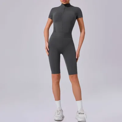 European American Women's Sports Bodysuit 41180 Open Collar Zipper Short Sleeve Yoga Bodysuit Netted Fitness Tight Sports