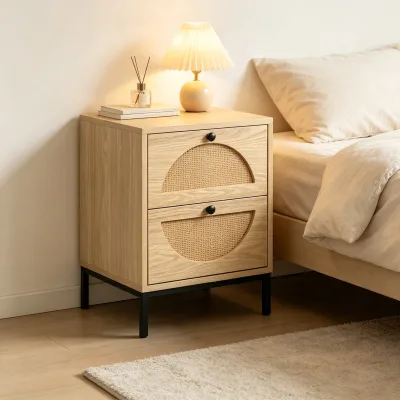 Modern Rattan Nightstand 2-Drawer Wooden Bedside Cabinet with Metal Elevated Legs for Apartment Bedroom Home Furniture