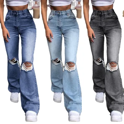 LILUO Hot Selling Fashionable Custom Women Hole Ripped Jeans Loose Straight Jeans for Women