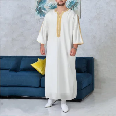 High Quality Traditional Muslim Jubba Robe Thobe Thawb for Arab Men Plus Size Embroidered Thowb Top