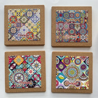 Beautiful Bohemian Square Ceramic Pot Mat Customized Non-slip with Cork Base for Outdoor & Indoor Plants