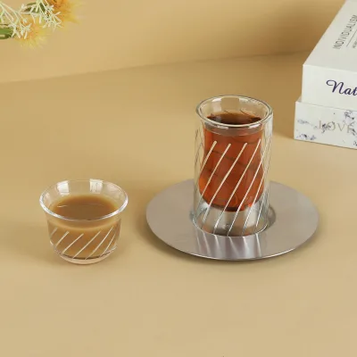 Modern Design Matt Gold and Matt Silver 6 Pieces Tea Cup Set With Hand Engraved Lines for Events Party