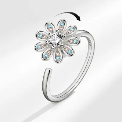 Hot Selling Rotating Ring for Women, Rotatable Opening, Adjustable Zircon Flower Ring, Temperament Ring