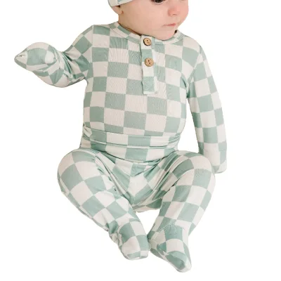 Customize label OEM Seafoam Checkered Bamboo Three Piece Set lenzing Bamboo soft and comfortable Baby summer clothing set