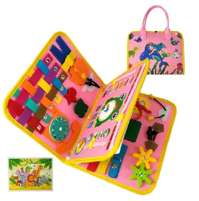 Factory Supply OEM Felt Busy Board Kids Tosy 16 Pcs Foldable Early Education Pink Busy Board