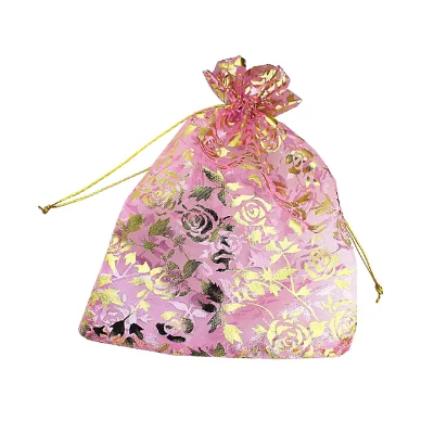 Factory Directly Custom Logo Rose Flower Organza Bags Jewelry Gift Pouch Candy Pouch Drawstring Wedding Favor Bags