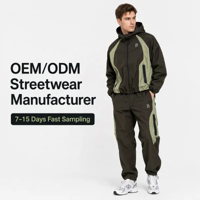 ODM Men's Hooded Windbreaker Tracksuits Streetwear Spring Casual Quick Dry Color Block Windproof Jacket and Sweatpants 2pc Sets