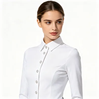Women's White Equestrian Rhinestone Button Pointed Collar Long Sleeve Competition Top OEM Custom