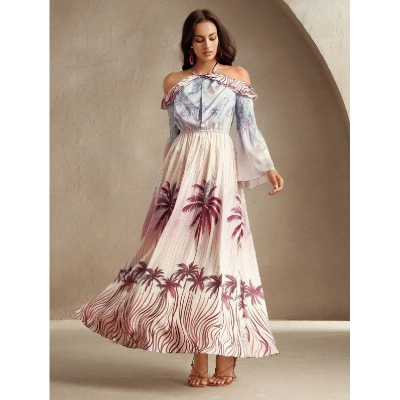 Custom Casual Dress Bohemian Palm Tree Printed Hanging Neck Style Dress Digital Printed Waist Cinching Flared Sleeve Hem Dress