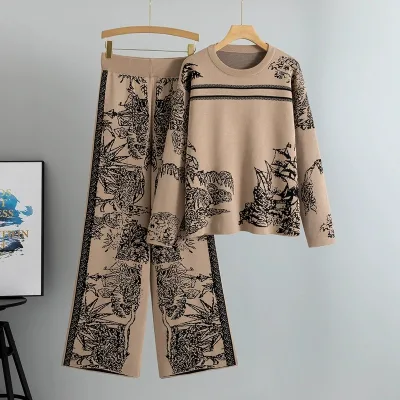 Two-Piece Ladies 2026 Women'S Ink Painting Jacquard Knit Set Patterned Sweater Pants Two-Piece Casual Outfit 2pcs Ladies