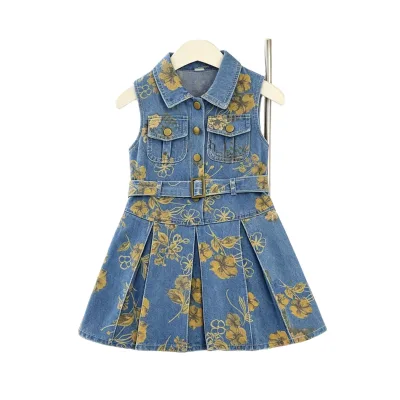 Girls' casual sleeveless denim A-line dress, summer floral print, waist cinching, lapel, thin vest skirt
