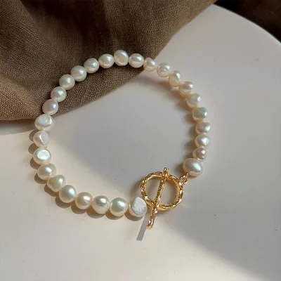 14K Genuine Gold Plated Handmade Beaded Bracelet Trendy Natural Irregular Baroque Freshwater Pearl Gentle Temperament Style