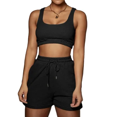 Custom Casual Solid Shorts Sets Women Crop Top Two Piece and Drawstring Shorts Sportswear Set