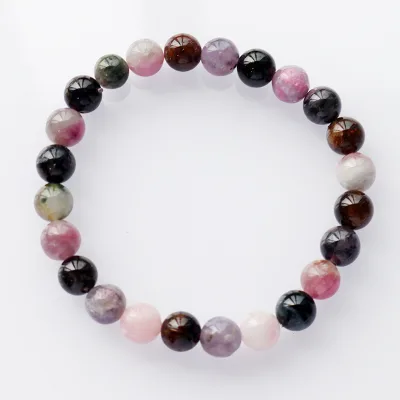 Natural Rainbow Tourmaline Stone Bead Bracelet Healing Crystal Stretch Bracelet for Women Men