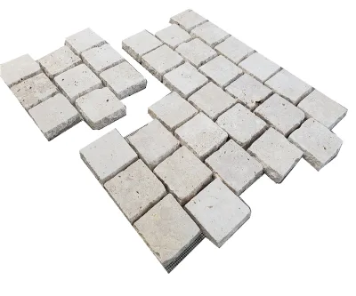 Beige Travertine Stone Cobblestone With Back Mesh Flooring Cobbles