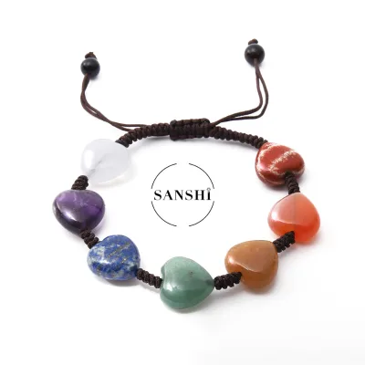 Seven Color Heart Stone Beads Yoga Crystals Hand Woven Bracelet Meditation and Healing Natural Crysta Braided Rope Bracelet