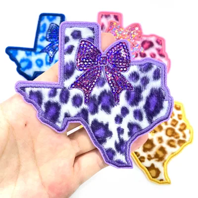 Premium Texas Shaped Leopard Print Patches with Shiny Rhinestone Embroidered Badges for Garment & Bag Decoration