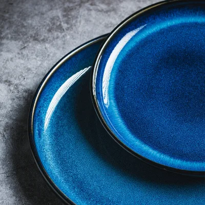 Gradient Glaze Ceramic Dinner Plate Set Cobalt Blue Speckled Glossy Minimalist Serving Plate Tableware Kitchen Home
