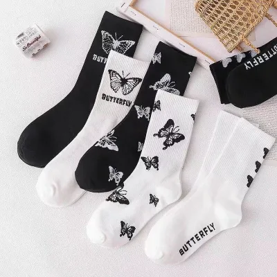 Black and White Butterfly Crew Socks for Women Breathable and Sustainable Cute Animal Pattern on the Cuff Great Gift Item