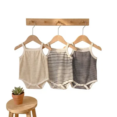 2026 Summer New Arrival Boys Baby Striped Strap Pullover Romper Sleeveless Cotton Bodysuit All-in-One Bottom-Wrapping Outfit