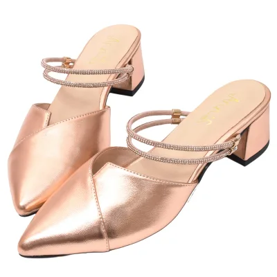 Ann'S Women's Metallic Pointed Toe Gold Mule Heels Rhinestone Slingback Slip-On Comfort