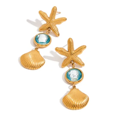 J&D 18k Gold PVD Plating Stainless Steel Ocean Starfish Shell Blue Glass Stone Dangle Earrings