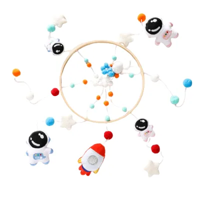 2023 Nursery Boho Astronaut Cot Wooden Pom Pom Space Felt Baby Crib Mobile Wool Cotton Soft Toy Hanging Decoration