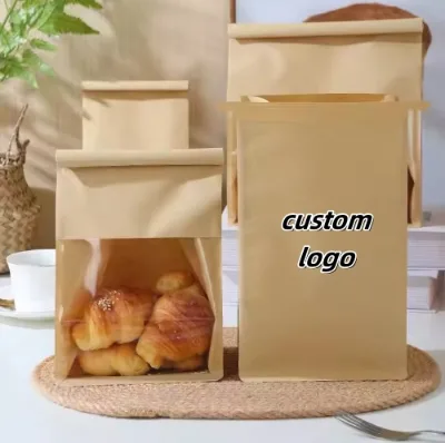 Custom Bakery Paper Packaging Bag Bread Loaf Bagel Toast Brown Bakery Bread Paper Bags Kraft Paper Window Bag