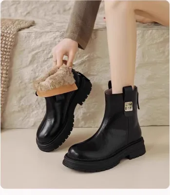 2025 Fall/Winter New Womens Shoes Mid-Calf Korean Style Velvet-Trimmed for Dr for Boots Metal Buckles Chunky Rubber Sole