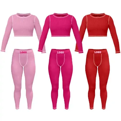 Spring 2024 Loungewear Polyester Spandex Ribbed Knit Long Sleeve T-shirt and Shorts Two Piece Set Women Clothing Lounge Wear Set