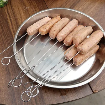 Camping Cooking Meat Holder BBQ Roast Kebab Sticks Grill Needle Tools Flat Barbecue Forks Picnic Skewers Stainless Steel Silver