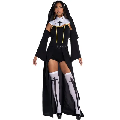 Nun Costume Halloween Women Black Priest Outfits Mary Priest Traditional Nun Cosplay Dress up Party Costume