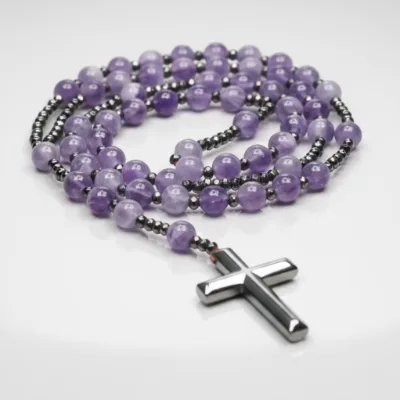 Crystal and Rhinestone Rosary Beads with Cross Pendant Buddhism Vintage Style Charm Necklace 33 Beads Meditation