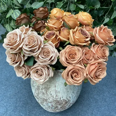 Factory Custom Wholesale 9 Head Silk Artificial Roses Bunches Flower for Wedding Event Decoration