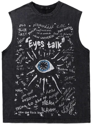 Custom Vintage-Style Graffiti Sleeveless T-Shirt: Relaxed-Fit Unisex Washed Tank Top