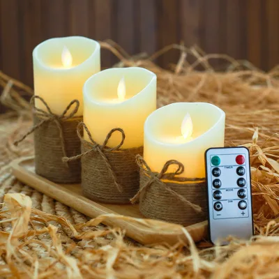2*AA Battery Operated Hemp Rope LED Candle Light Moving Flame with Remote Control Electronic Artificial Wax for Event Decoration