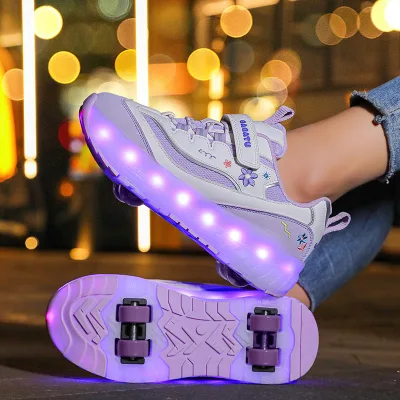 Usb Charging Led Light up 2 in 1 Adults Kids Boys Girls 4 Wheels Rechargeable Led Light up Deformation Kick Roller Skate Shoes