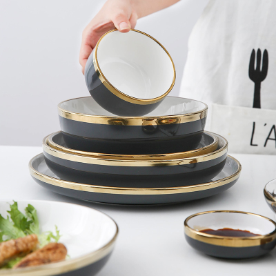 Porcelain Plates Dishes with Gold Rim Mirror Polished Dinnerware Set Dishwasher Safe Ceramic Food Service Blue and White Support