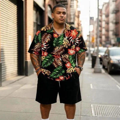 Men's Caribbean Wear Tropical Leaf Print 2 Piece Wholesale Customized Summer Vacation Shorts and T-Shirt Bulk Costume Factory
