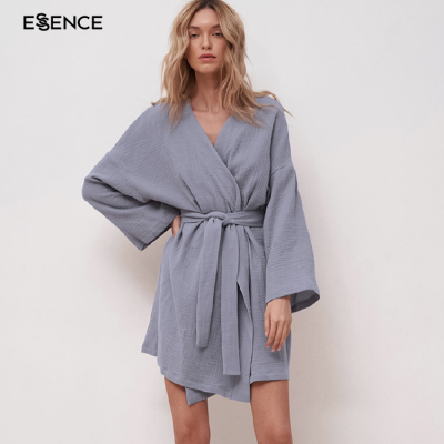 Custom Light Robes for Coverage Long Sleeve Cotton Robe With Sashes Double Crepe Dresses Bathrobe Female Sleepwear