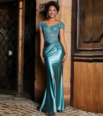 MB40159 Luxurious Emerald Mermaid Couture with Embellished Lace Top and Ruched Satin Short Sleeve Wedding Party Evening Dresses