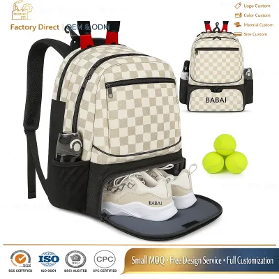Multifunctional Tennis Sports Travel Bag Polyester Backpack with Shoe Pocket Ball Holder & Water Bottle Compartment for Travel