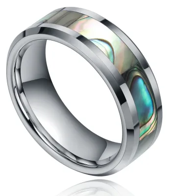 Wholesale 8mm Beveled Edge Abalone Shell Wedding Ring Koa Wood Tungsten Ring Fashion Jewelry Abalone Shell Inlay Titanium Ring